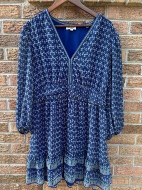 Max Studio London XL Blue Printed V-Neck Tunic dress